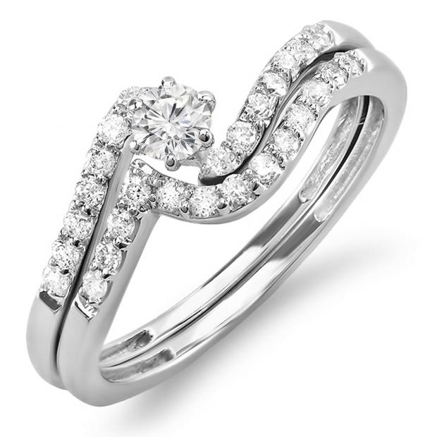 0.50 Carat (ctw) 14k White Gold Round Diamond Ladies Bridal Engagement Ring Matching Band Set 1/2 CT