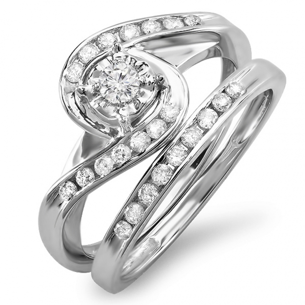 0.55 Carat (ctw) 10k White Gold Round Diamond Ladies Bridal Engagement Ring Matching Band Set