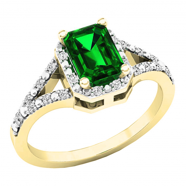 7X5 MM Emerald Cut Lab Created Emerald & White Diamond Ladies Engagement Ring 14K Yellow Gold