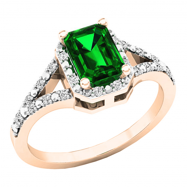 7X5 MM Emerald Cut Lab Created Emerald & White Diamond Ladies Engagement Ring 18K Rose Gold