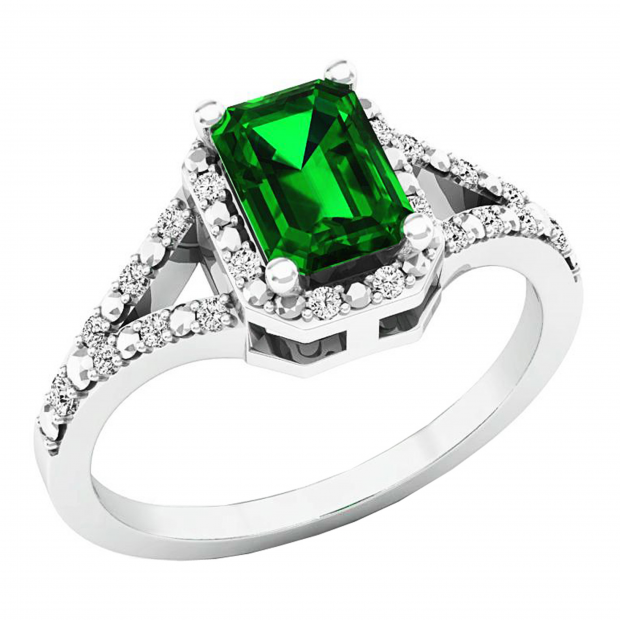 7X5 MM Emerald Cut Lab Created Emerald & White Diamond Ladies Engagement Ring 18K White Gold