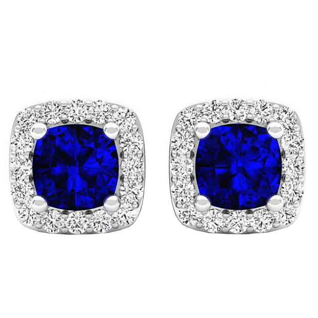Sterling Silver 5 MM Each Cushion Cut Lab Created Blue Sapphire & Round Diamond Ladies Stud Earrings