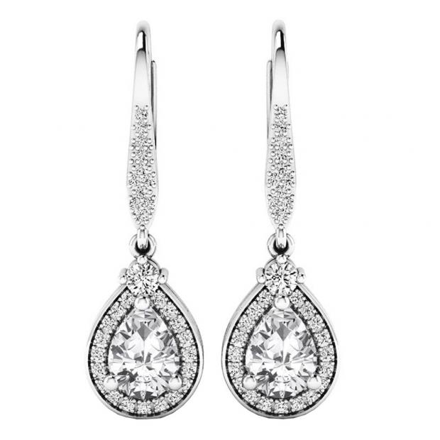 Sterling Silver 7X5 MM Each Pear Cut Lab Created White Sapphire & Round Diamond Dangling Earrings