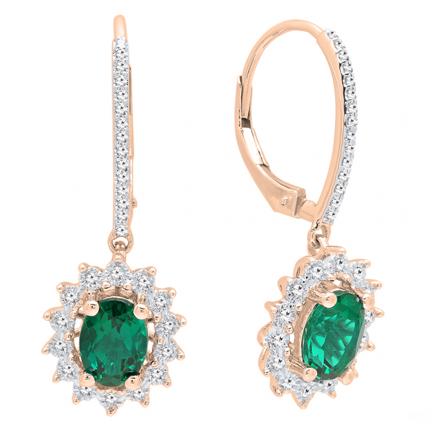 14K Rose Gold 7X5 MM Each Oval Cut Lab Created Emerald & Round Diamond Ladies Dangling Earrings