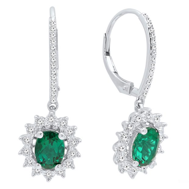 14K White Gold 7X5 MM Each Oval Cut Lab Created Emerald & Round Diamond Ladies Dangling Earrings