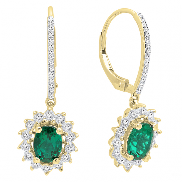 14K Yellow Gold 7X5 MM Each Oval Cut Lab Created Emerald & Round Diamond Ladies Dangling Earrings