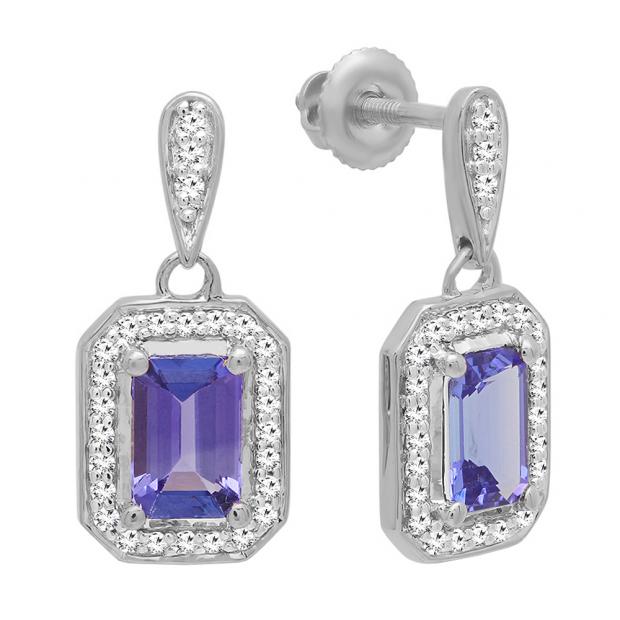 14K White Gold 6X4 MM Each Emerald Cut Lab Created Tanzanite & Round Cut White Diamond Ladies Drop Earrings