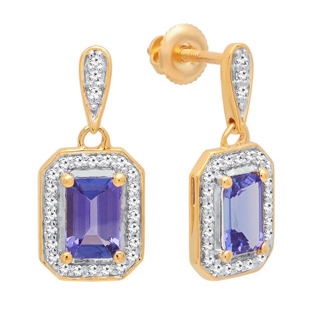 18K Yellow Gold 6X4 MM Each Emerald Cut Lab Created Tanzanite & Round Cut White Diamond Ladies Drop Earrings