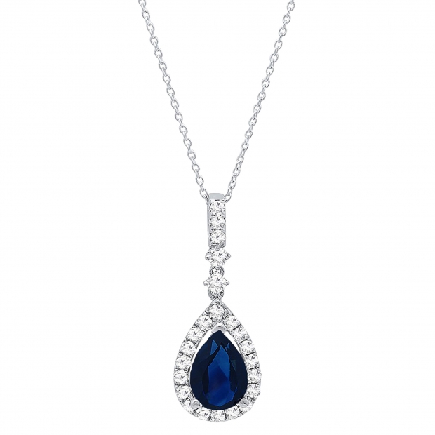 18K White Gold 9X7 MM Pear Cut Lab Created Blue Sapphire & Round Cut Diamond Ladies Pendant