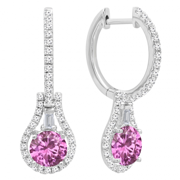 14K White Gold 5.5 MM Each Round Lab Created Pink Sapphire And Round & Baguette Diamond Earrings
