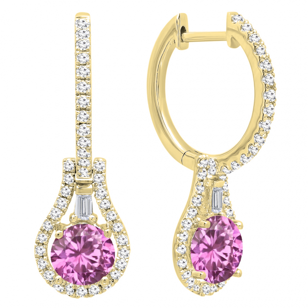 14K Yellow Gold 5.5 MM Each Round Lab Created Pink Sapphire And Round & Baguette Diamond Earrings