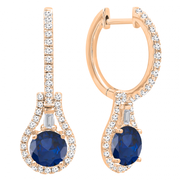 10K Rose Gold 5.5 MM Each Round Lab Created Blue Sapphire And Round & Baguette Diamond Earrings
