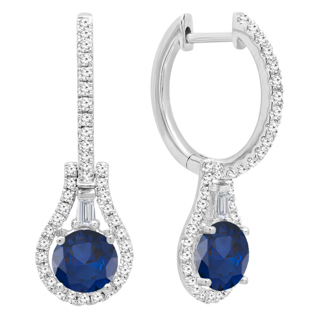 10K White Gold 5.5 MM Each Round Lab Created Blue Sapphire And Round & Baguette Diamond Earrings