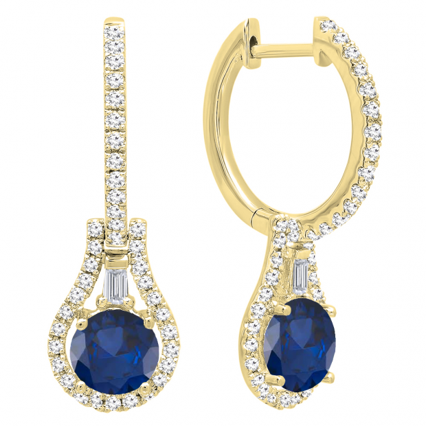 10K Yellow Gold 5.5 MM Each Round Lab Created Blue Sapphire And Round & Baguette Diamond Earrings
