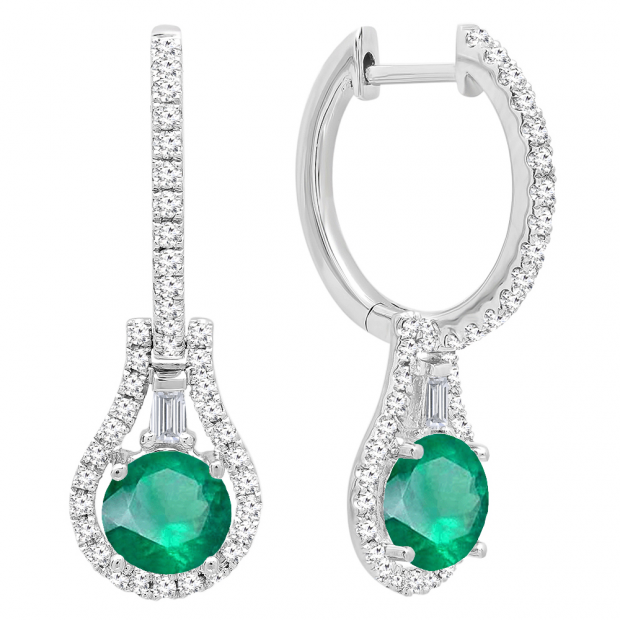 14K White Gold 5.5 MM Each Round Lab Created Emerald And Round & Baguette Diamond Earrings