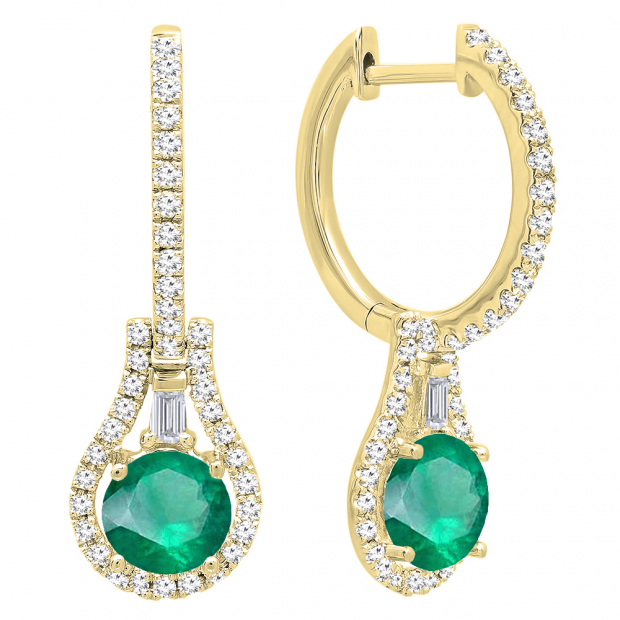 18K Yellow Gold 5.5 MM Each Round Lab Created Emerald And Round & Baguette Diamond Earrings