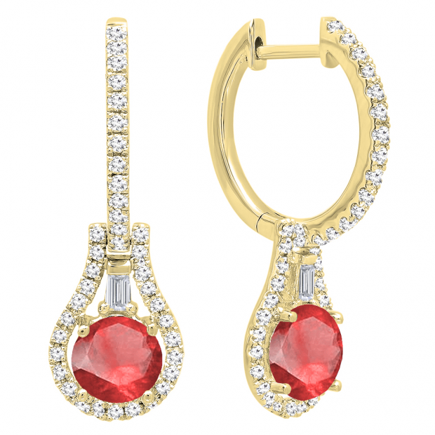 14K Yellow Gold 5.5 MM Each Round Lab Created Ruby And Round & Baguette Diamond Earrings