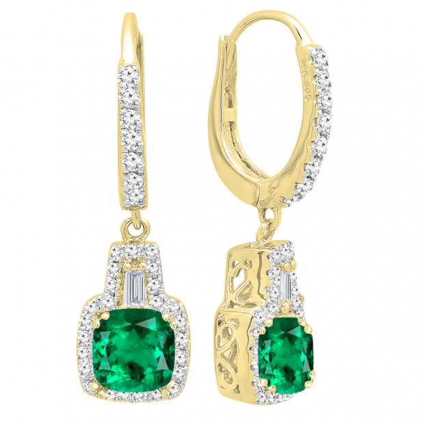 14K Yellow Gold 5 MM Each Cushion Cut Created Emerald And Tapered & Round Diamond Drop Earrings