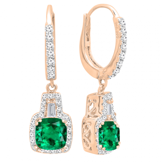 18K Rose Gold 5 MM Each Cushion Cut Created Emerald And Tapered & Round Diamond Drop Earrings