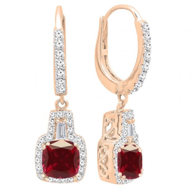18K Rose Gold 5 MM Each Cushion Cut Created Ruby And Tapered & Round Diamond Drop Earrings