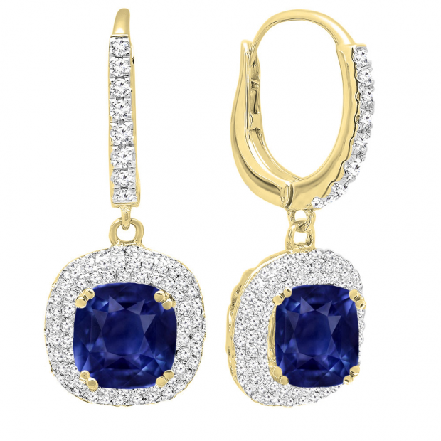 10K Yellow Gold 6 MM Each Cushion Cut Lab Created Blue Sapphire & Round Diamond Dangling Earrings