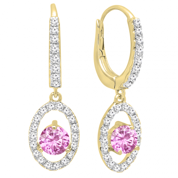 10K Yellow Gold 4.5 MM Each Round Cut Lab Created Pink Sapphire & White Diamond Dangling Earrings