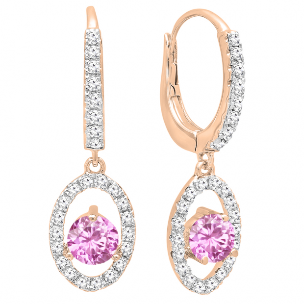 18K Rose Gold 4.5 MM Each Round Cut Lab Created Pink Sapphire & White Diamond Dangling Earrings