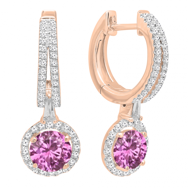 10K Rose Gold 5.5 MM Each Round Lab Created Pink Sapphire & White Diamond Ladies Dangling Earrings