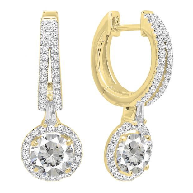 10K Yellow Gold 5.5 MM Each Round Lab Created White Sapphire & Diamond Ladies Dangling Earrings