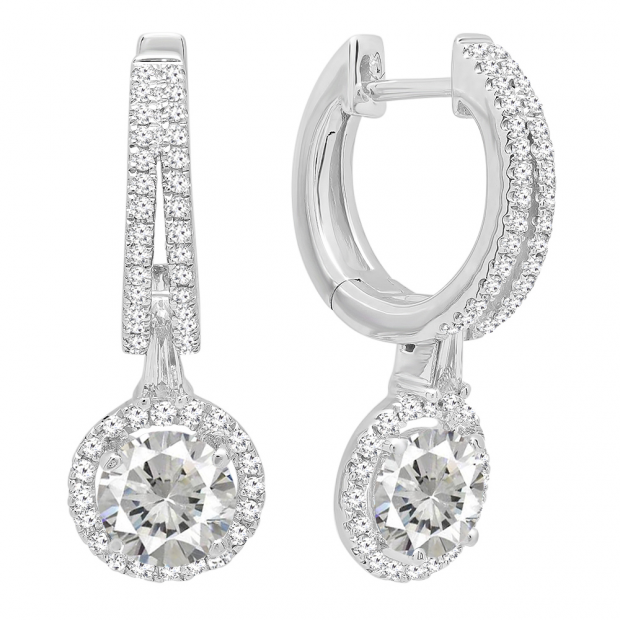 14K White Gold 5.5 MM Each Round Lab Created White Sapphire & Diamond Ladies Dangling Earrings