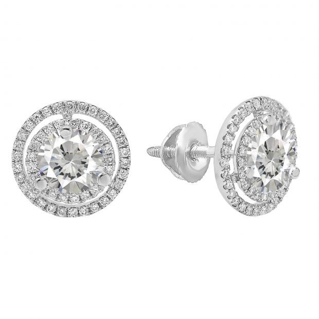 14K White Gold 6 MM Each Round Lab Created White Sapphire & White Diamond Ladies Stud Earrings