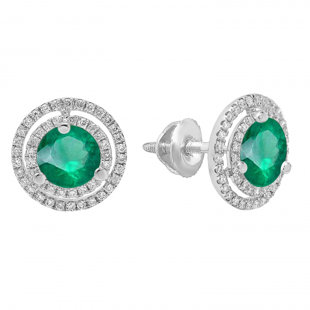 14K White Gold 6 MM Each Round Lab Created Emerald & White Diamond Ladies Stud Earrings