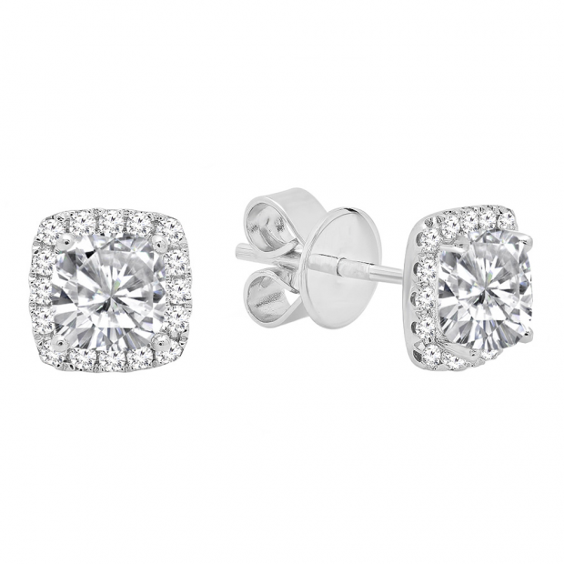 10K White Gold Each 4 MM Cushion Cut Lab Created White Sapphire & Round Diamond Halo Stud Earrings