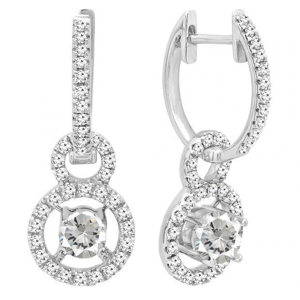 10K White Gold 4.5 MM Round Lab Created White Sapphire & Diamond Ladies Halo Dangling Earrings
