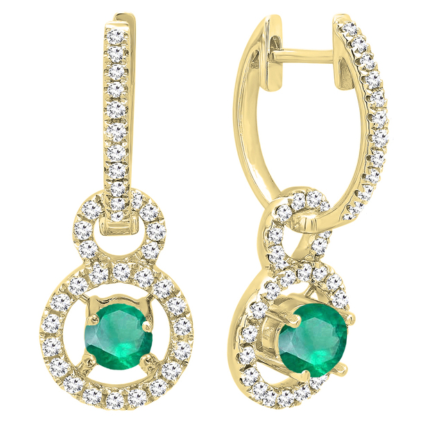 14K Yellow Gold 4.5 MM Round Lab Created Emerald & White Diamond Ladies Halo Dangling Earrings
