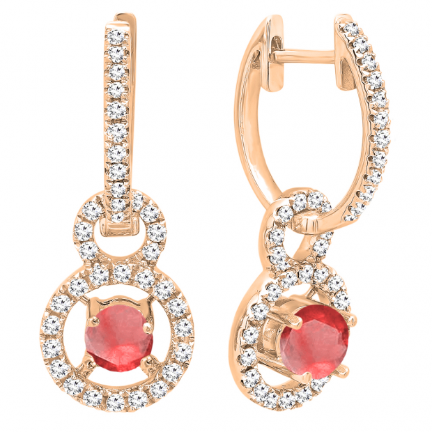 10K Rose Gold 4.5 MM Round Lab Created Ruby & White Diamond Ladies Halo Dangling Earrings