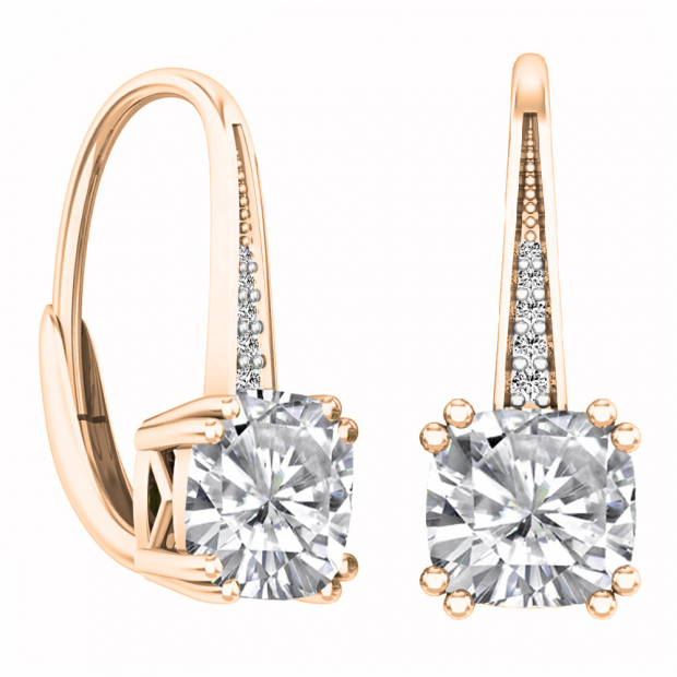 18K Rose Gold 6 MM Each Cushion Cut Lab Created White Sapphire & Round Diamond Drop Earrings