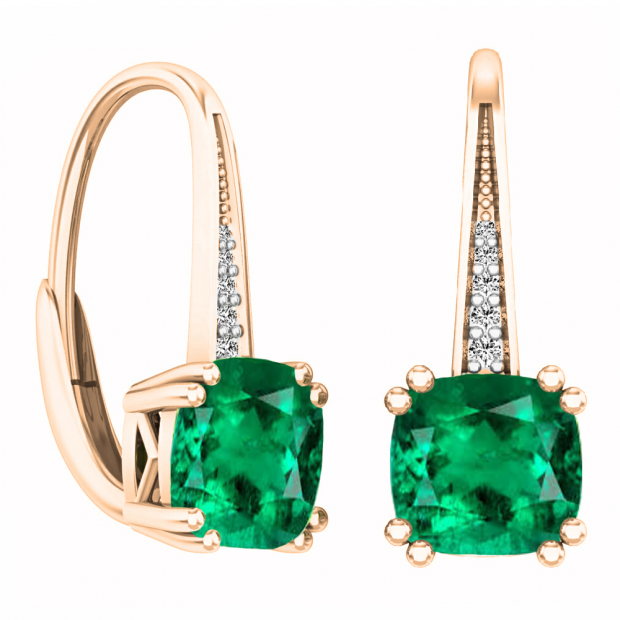 14K Rose Gold 6 MM Each Cushion Cut Lab Created Emerald & Round Diamond Drop Earrings