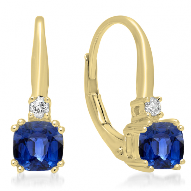 18K Yellow Gold 5 MM Each Cushion Cut Lab Created Blue Sapphire & Round Diamond Drop Earrings