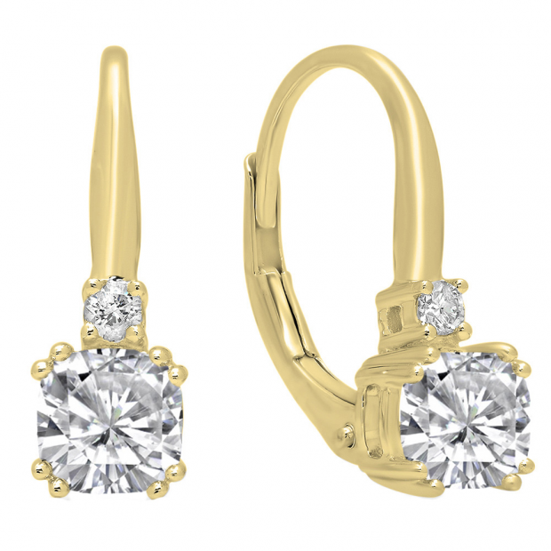 14K Yellow Gold 5 MM Each Cushion Cut Lab Created White Sapphire & Round Diamond Drop Earrings