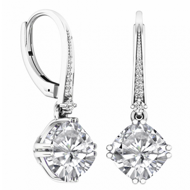 10K White Gold 8 MM Cushion Cut Lab Created White Sapphire & Round Cut White Diamond Drop Earrings