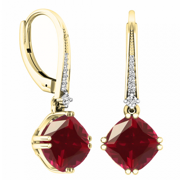 14K Yellow Gold 8 MM Cushion Cut Lab Created Ruby & Round Cut White Diamond Drop Earrings