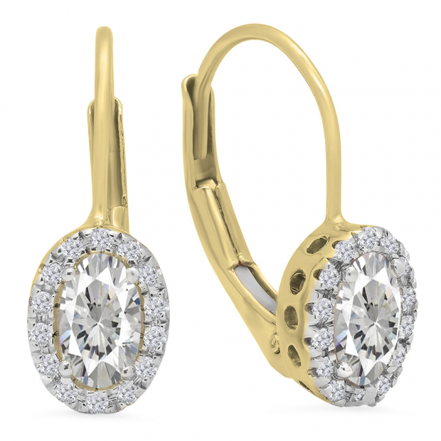 18K Yellow Gold 5X3 MM Each Oval Lab Created White Sapphire & Round Diamond Halo Hoop Earrings