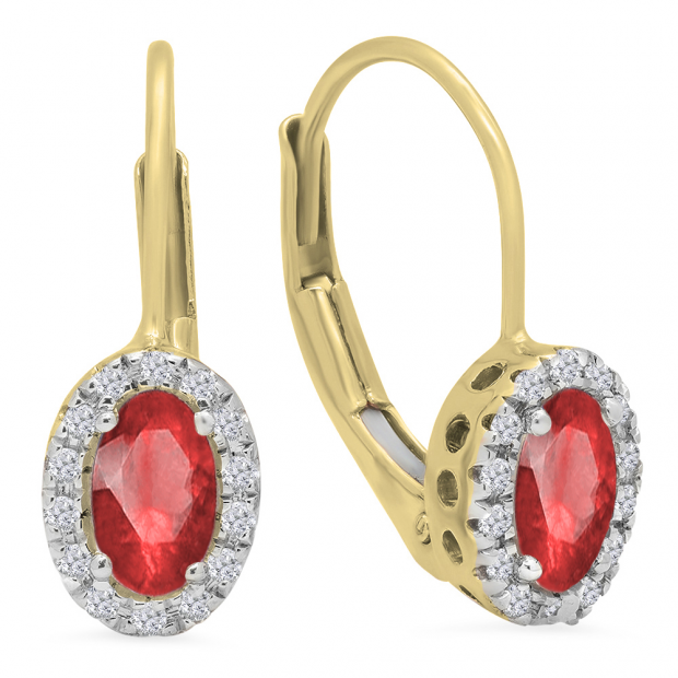 10K Yellow Gold 5X3 MM Each Oval Lab Created Ruby & Round Diamond Halo Hoop Earrings