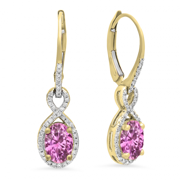 18K Yellow Gold 7X5 MM Each Oval Lab Created Pink Sapphire & Round Diamond Dangling Drop Earrings