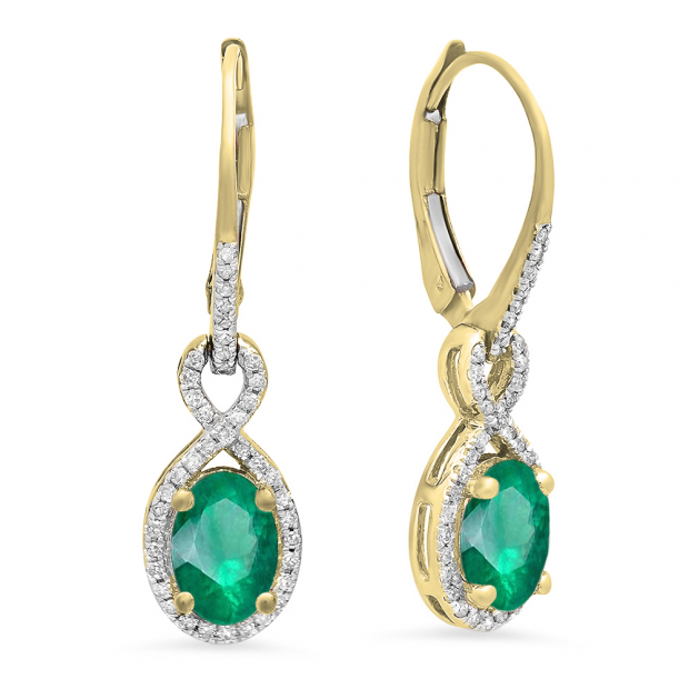 14K Yellow Gold 7X5 MM Each Oval Lab Created Emerald & Round Diamond Dangling Drop Earrings