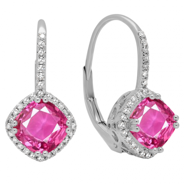 18K White Gold 6 MM Each Cushion Lab Created Pink Sapphire & Round Diamond Ladies Hoop Earrings