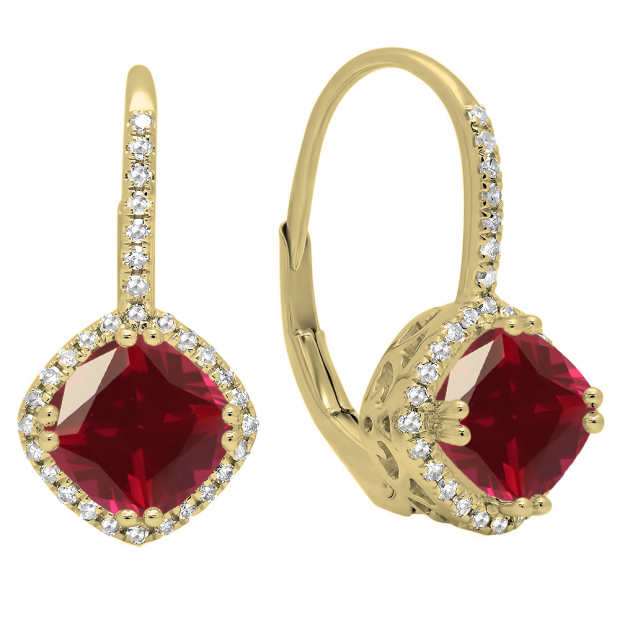 18K Yellow Gold 6 MM Each Cushion Lab Created Ruby & Round Diamond Ladies Hoop Earrings