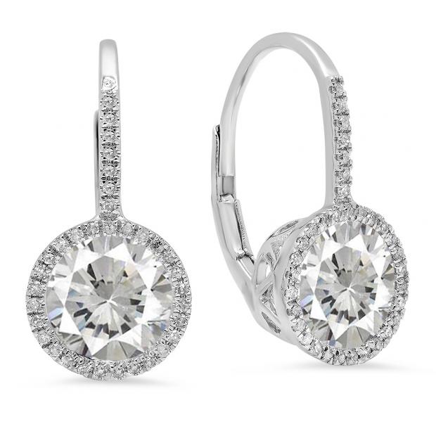 14K White Gold 7 MM Each Round Lab Created White Sapphire & White Diamond Ladies Hoop Earrings
