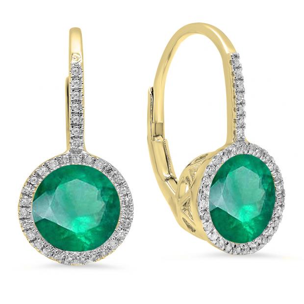 14K Yellow Gold 7 MM Each Round Lab Created Emerald & White Diamond Ladies Hoop Earrings